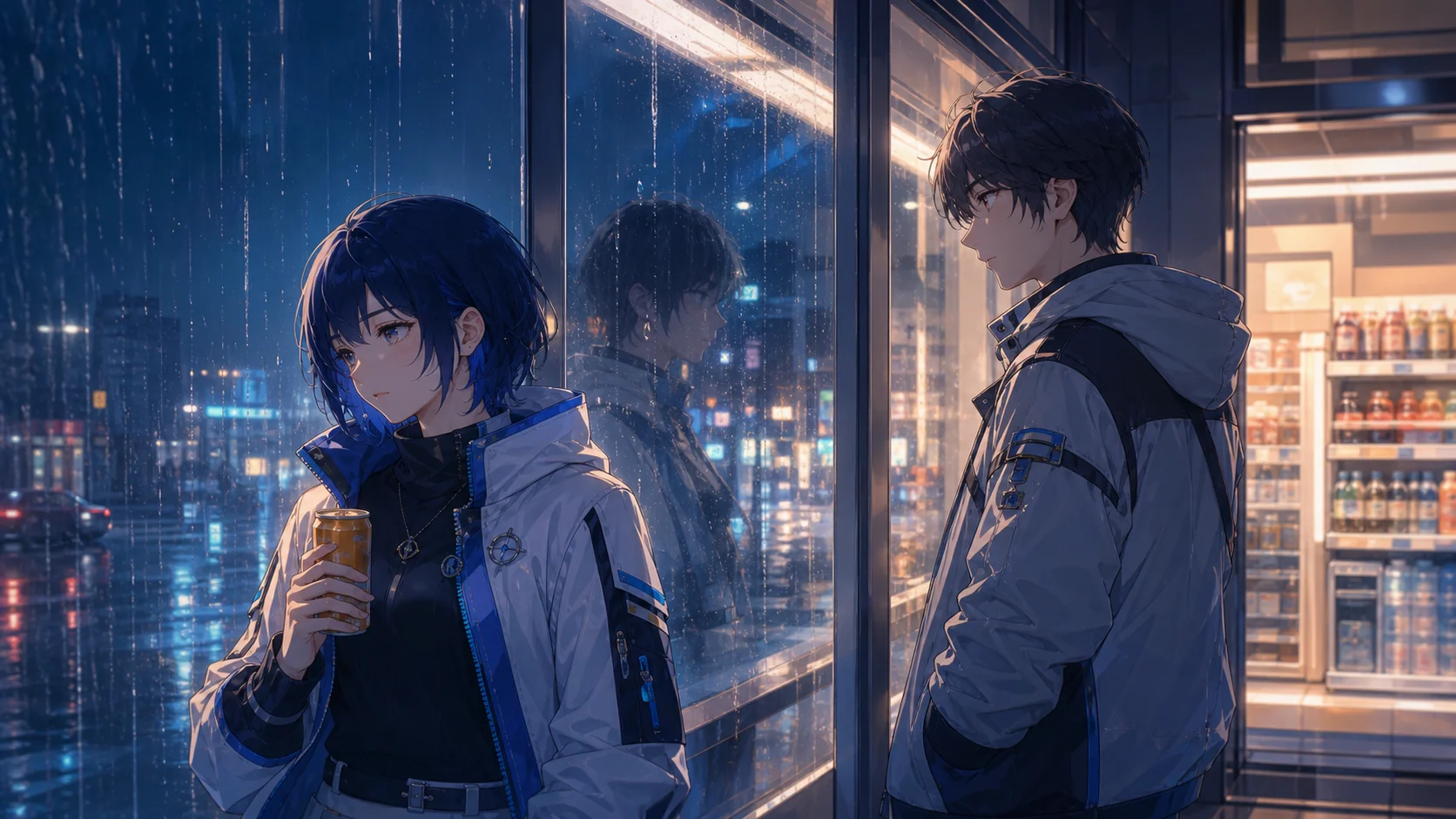 暴雨夜的便利店玻璃两侧，两名原创角色正在进行一场克制的谈话