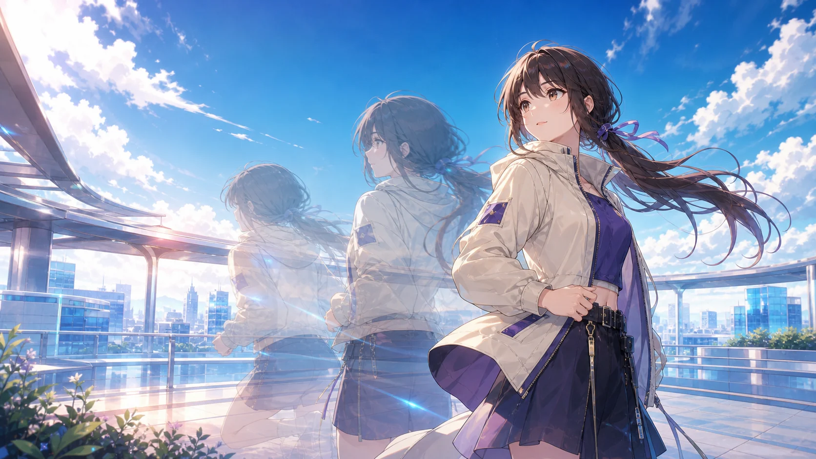 原创角色从奔跑中停下并回头，画面保留连续的姿态残影